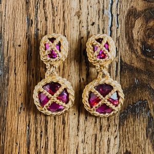 VINTAGE CLIP ON EARRINGS • PINK • GOLD • JEWEL • RETRO